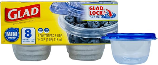 Glad GladWare Mini Round Food Storage Containers with Lids, 4 Oz, 8 Count | BPA-free plastic, lock-tight seal, reusable and stackable, snacks and portion control by GladTrashFoodStorage