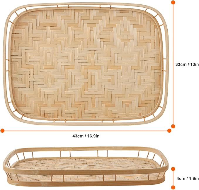 4 Pack Rectangular Bamboo Wicker Woven Tray with Handle, Bamboo Wicker Serving Trays for Eating, Kitchen, Table, Party - Image 2
