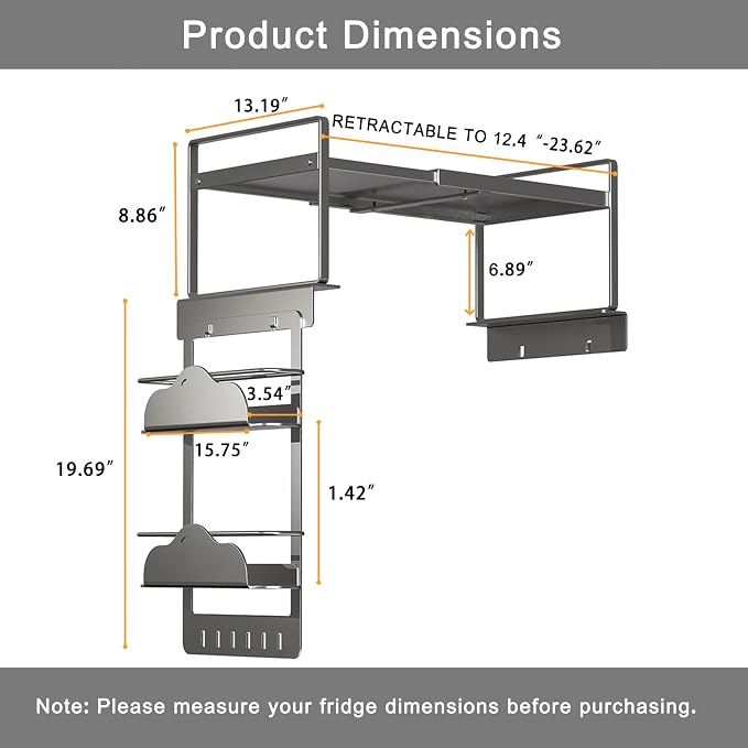 Adjustable Over The Fridge Organizer Side Magnetic Spice Rack,12.4"-23.62" Expandable Top Shelf with Hook & Magnetic Dual Fixed Spice Rack, Fits Most Large Kitchen Laundry Appliances,Dark Grey - Image 2