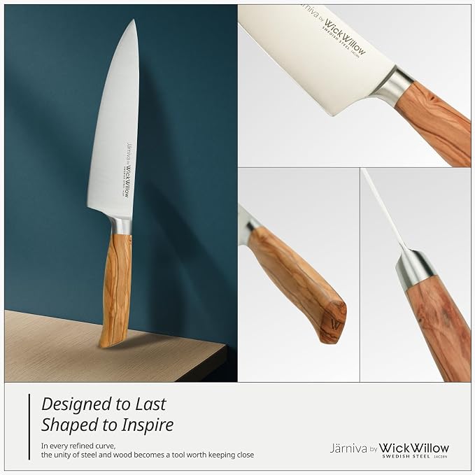 WICKWILLOW 8” Chef Knife – Swedish Steel, Professional, Olive Wood | Ideal for meat, vegetables and daily prep. Hand wash only. Gift box included. | Jarniva Series - Image 5