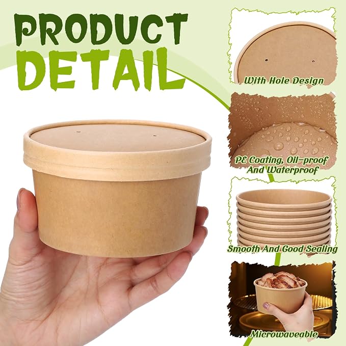 Fulmoon 100 Pack Paper Soup Containers with Lids Disposable Paper Food Containers with Vented Lid Kraft Ice Cream Cake Dessert Cups Soup Bowl for Party Hot Food Fruit Microwave(15 oz,Brown) - Image 3