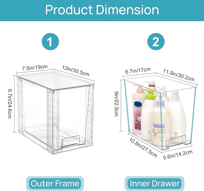 Vtopmart 2 Pack Clear Stackable Storage Drawers,9.7" High Plastic Organizers Bins for Skincare, Bathroom Supplies,Ideal for Cabinet,Undersink,Vanity,Kitchen,Pantry Organization - Image 3