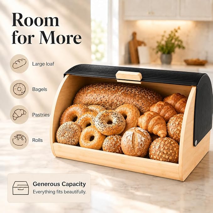 Bread Box for Kitchen Countertop, Large Bread Storage Container with Bamboo Base and Black Roll Top Lid, Modern Bread Holder for Loaves, Bagels, Pastries and More - Image 2