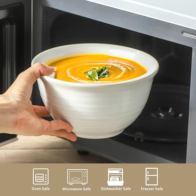 Hasense Soup Bowls, 40 Ounce Large Cereal Bowls for Kitchen, 7 Inch Ceramic Serving Dishes for Salad Pasta Oatmeal, Dishwasher and Microwave Safe, Clay-Infused White - Image 4
