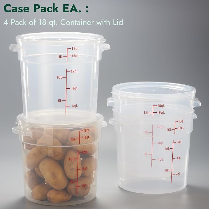 18 Quart Translucent Round Food Storage Container with Lid, Pack of 4 – NSF Listed, BPA-Free, Commercial-Grade Polypropylene, Freezer & Dishwasher Safe, Non-Stick, Easy-Read Graduations - Image 3