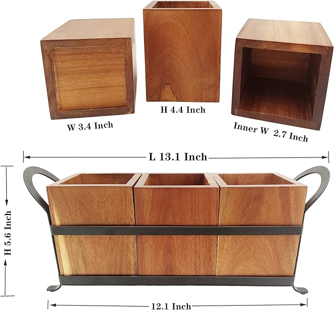 NelyBet Utensil Caddy Silverware Cutlery Holder with 3 Compartment, Wooden Utensil Crock Flatware Organizers with Metal Tray, Rustic Kitchen Utensil Organizers for Farmhouse Kitchen and Countertop - Image 3