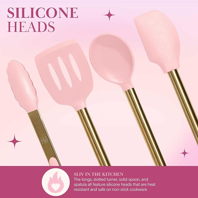 Paris Hilton Kitchen Set Tool Crock with Silicone Cooking Utensils, Stainless Steel Whisk and Ladle, 7-Piece, Pink and Gold - Image 6