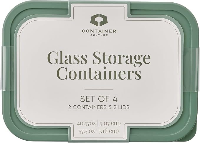 Glass Food Storage Containers with Lids — 4 Piece — 57.5 oz & 40.57 oz Glass with BPA-Free Leakproof Stackable Lids — Microwave, Oven & Dishwasher Safe — Ideal for Meal Prep & More - Soft Sage - Image 3