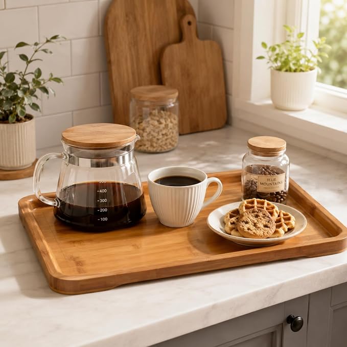 Bamber Large Bamboo Serving Tray Decorative Coffee Tea Platter 18 x 13 x 1.2 Inches - Image 5