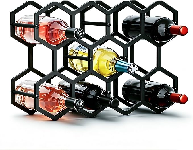 3-Tier Hexagon Metal Countertop Wine Rack, 11 Bottles Tabletop Wine Bottle Holder Stand for Cabinet Pantry, Indoor Outdoor Home Bar Storage Organizer by HRUSGO