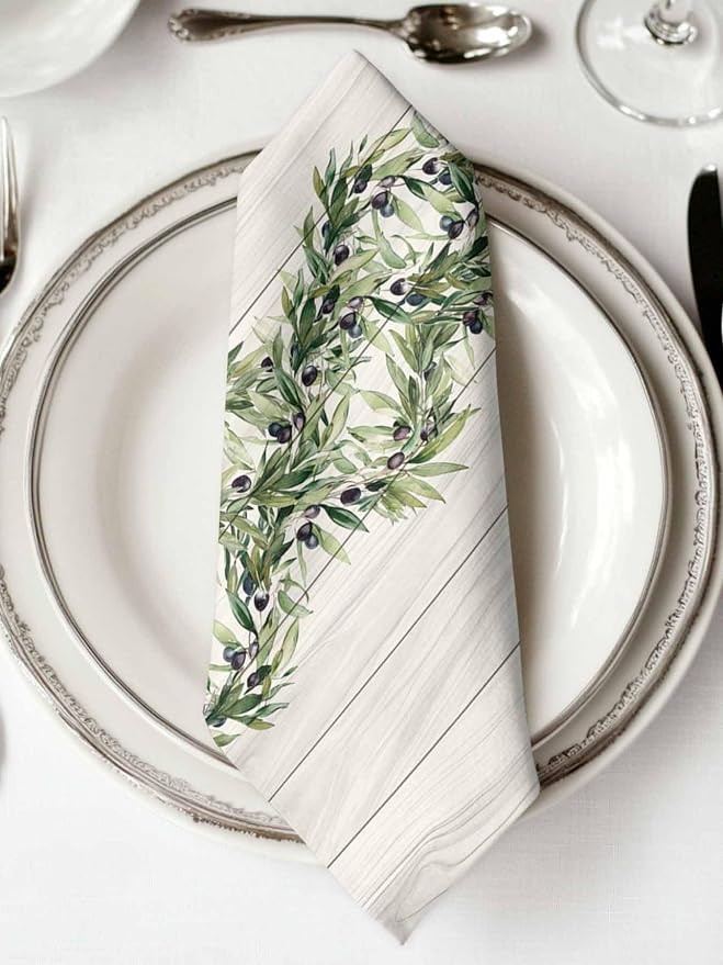 Kitchen Dinner Napkins Set of 8, Vintage Olive Leaf Cloth Napkins Reusable Washable Table Napkins for Weddings Cocktail Parties Holiday Table Decor 20x20 Inch Farmhouse Wooden Grain - Image 2