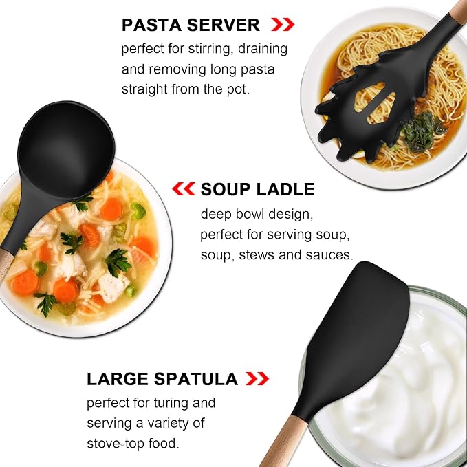 Silicone Kitchen Utensils Set of 6, Cooking Utensils Set with Heat Resistant Wooden Handle, Nonstick Silicone Spatula Spoon Turner Ladle, Cooking Kitchen Gadget for Cookware & Baking BPA FREE - Image 4