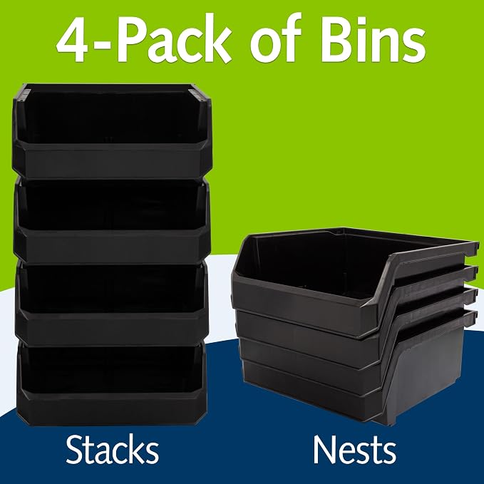 Medium-Wide Stackable Plastic Storage Bins, 4-Pack, Black | Open-Front Stackable Bins For Garage, Pantry, Closet & Office, 11"L X 11"W X 5"H, Nests When Empty, Durable Plastic, - Image 3