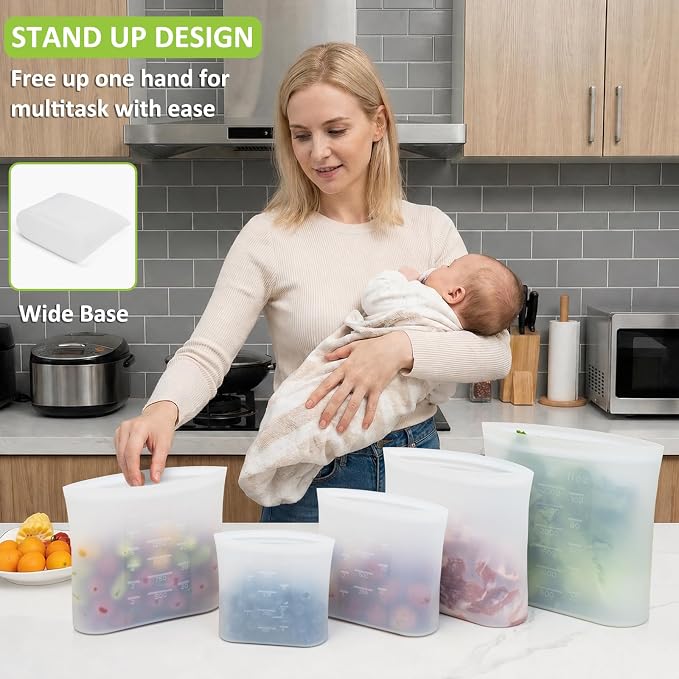 100% Silicone Reusable Storage Bag, 9 Pack Stand-Up Wide-Mouth Zip-Lock Food Storage Bags, Easy-Fill Easy-Open Easy-Clean Space-Saving, Microwave & Dishwasher Safe, 1 XL/3 L/1 M/3 S/1 XS, Translucent - Image 3