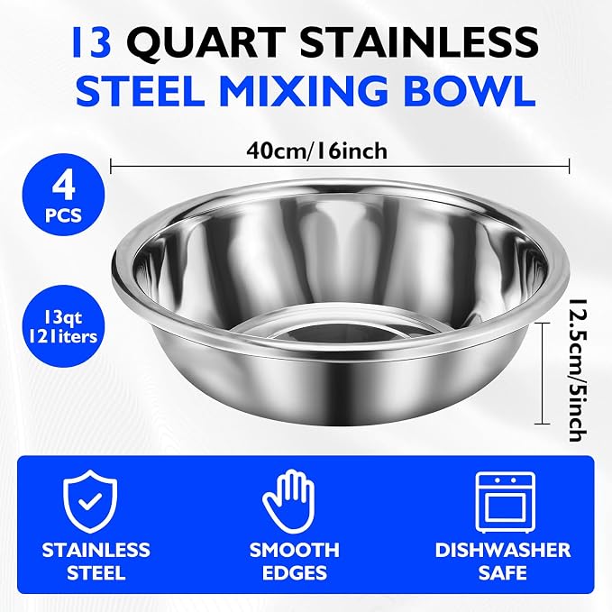4 Pack 13 Qt 304 Stainless Steel Large Mixing Bowls with Flat Base Polished Mirror Finish Metal Bowls for Home or Commercial Baking Mixing Marinating and Food Preparation - Image 2