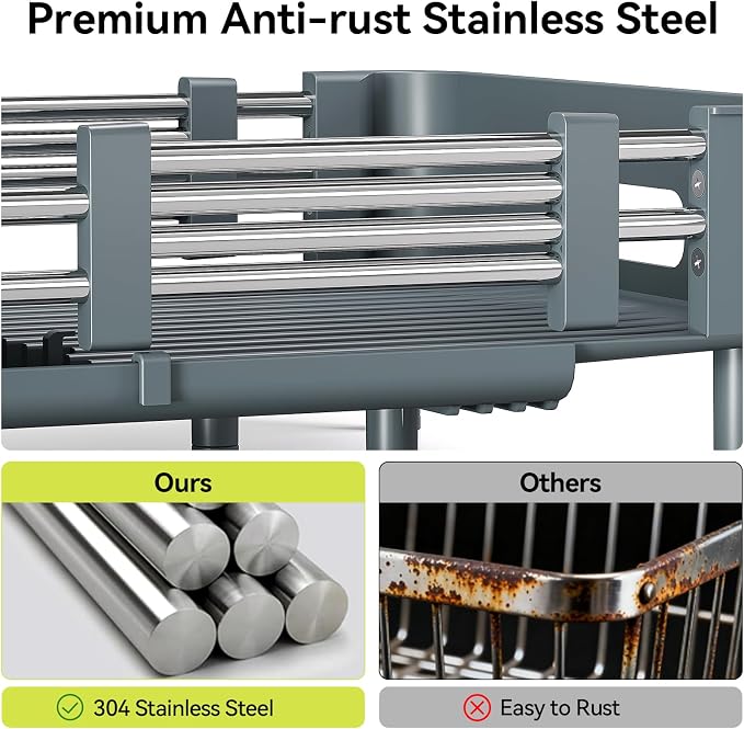 Urackify Extendable Stainless Dish Drying Rack for Kitchen Counter | 13.78"W x 18.7"L, Foldable Drainboard for Space Saving, Knife and Utensil Holder, Fast-draining Spout, Dark Slate Teal - Image 8