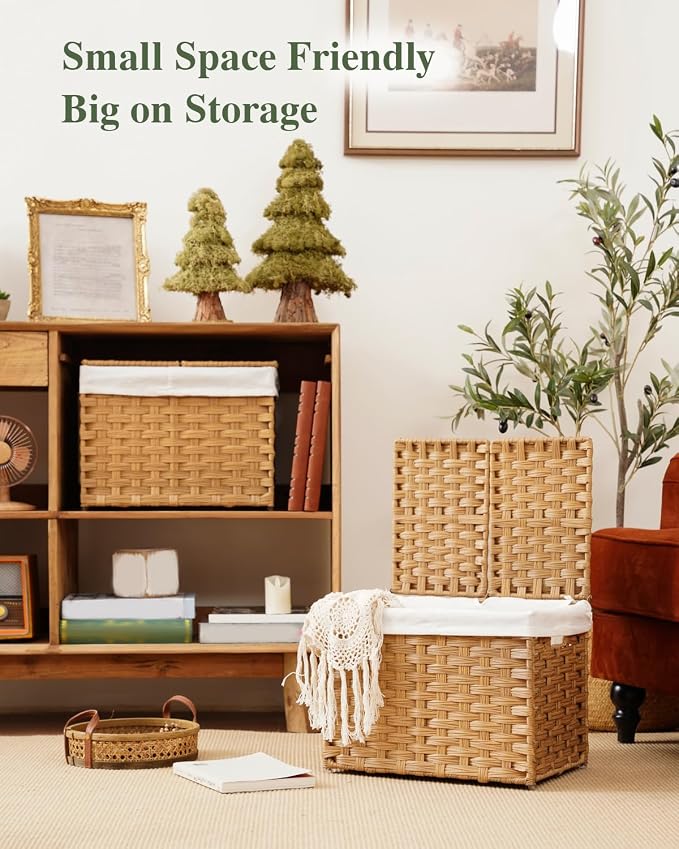 SETVSON Storage Basket with Lid Woven Wicker Baskets, 35L Natural | 9.2 Gallon Storage Bin with 2 Separate Lids, 2 Removable Liner Bags with Divider for Small Clothes, Sturdy Metal Frame - Image 6