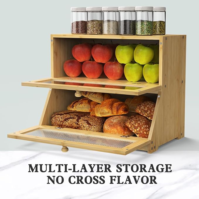 LOHASOK Bread Box for Kitchen Countertop, Wood Color | 2-layer, Bamboo, Large, Farmhouse Bread Container Holder Storage, Acrylic translucent window - Image 4