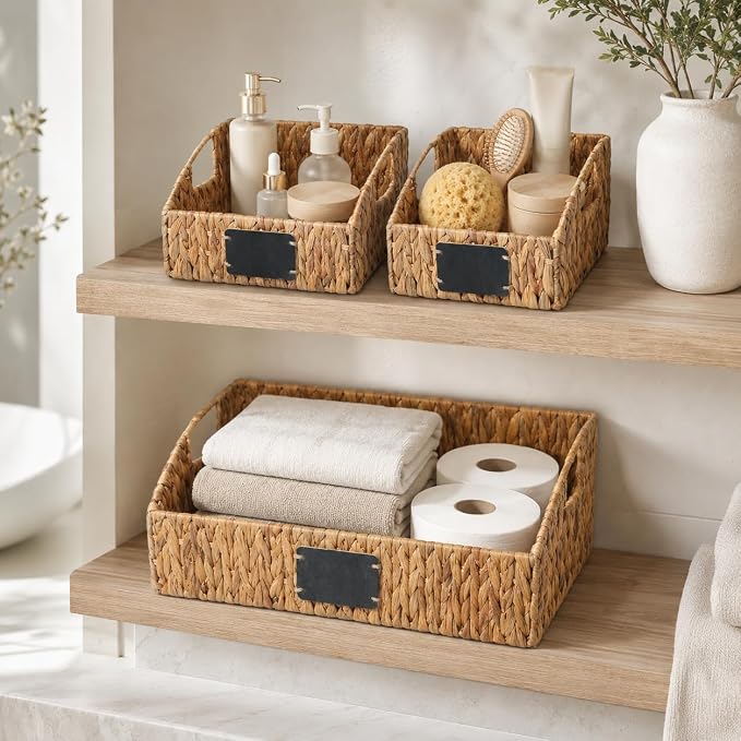Water Hyacinth Pantry Baskets Set of 3, Chalkboard Labels | Wicker Baskets for Shelves, Woven Pantry Organizer, Laundry Room, Bathroom & Bedroom Storage, Cutout Handles, Large + 2 Small - Image 8