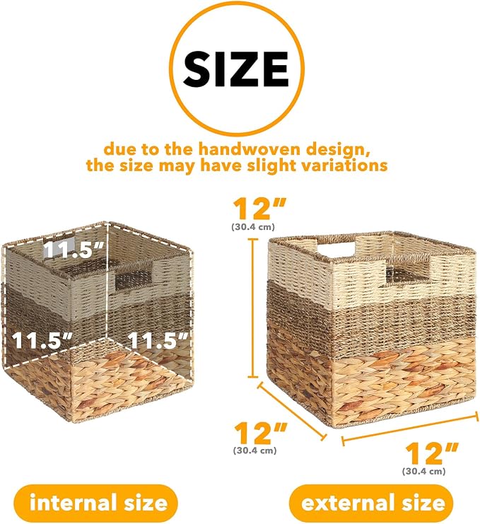 SpaceAid 4 Pack 3 Pattern Design Wicker Basket, Baskets for Organizing, Storage Rattan Basket with Handles for Shelves, Woven Cube Storage Bin Organizer, 12x12x12 inch, Natural - Image 3
