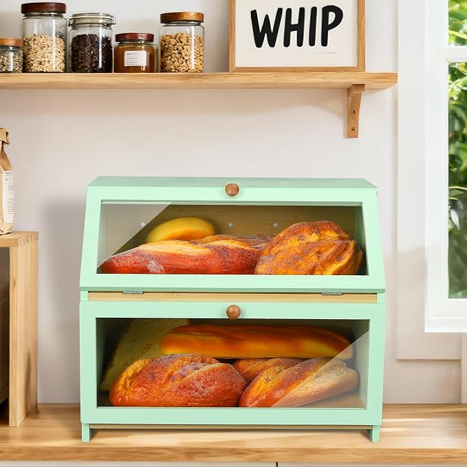 HOMEKOKO Double Layer Bread Boxes for Kitchen Countertop, Mint Green | Keeps Bread Fresh 3-4 Days, Large Capacity Fits 2+ Loaves, Suitable For Home Kitchen Food Storage Use, See-Through Window - Image 6