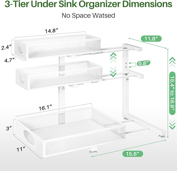 Kitstorack Under Sink Organizer 3-Tier Slide Out Drawer for Bathroom 1-Pack | Height Adjustable, Metal Mesh Storage Rack, Pull out Cabinet Organizer Shelf for Kitchen Pantry Home Laundry Organization - Image 8