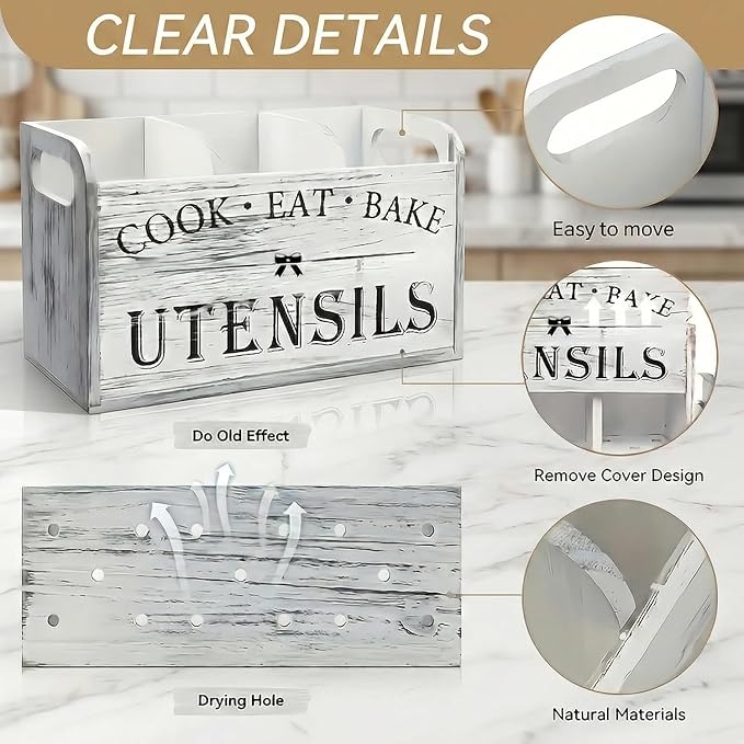 Rustic White Wooden Utensil Holder for Kitchen Counter Decor,Extra Large Kitchen Utensil Holder Silverware Caddy Farmhouse Wood Cutlery Holder Cooking Utensil Stand Storage kitchen Tools Holder-2 Pack - Image 4