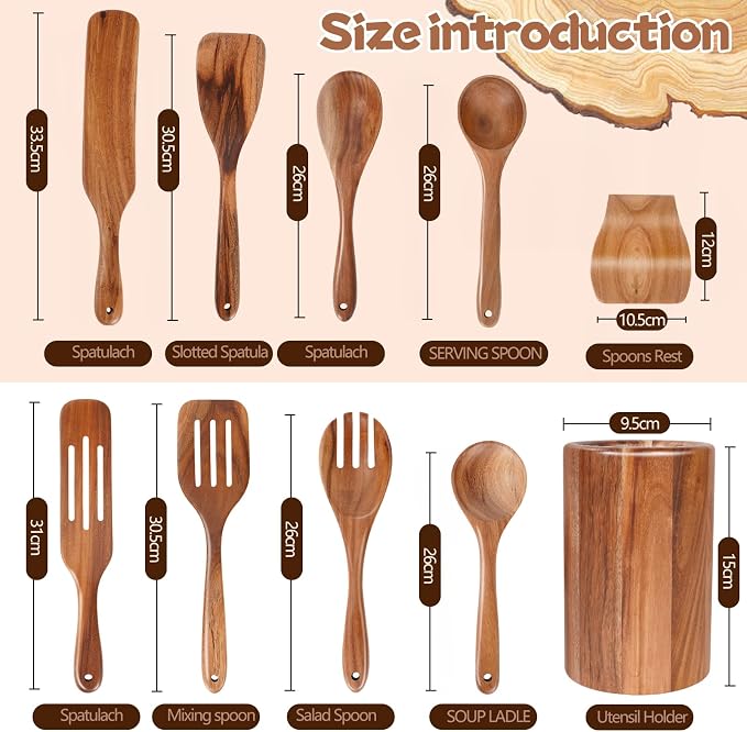 MYRAINBOW Wooden Spoons for Cooking, 10-Piece Teak Wooden Cooking Utensil Set with Holder, Nonstick, Heat Resistant Kitchen Utensils, Durable Wooden Cooking Spoons, Kitchen Cooking Gifts for Women Men - Image 3