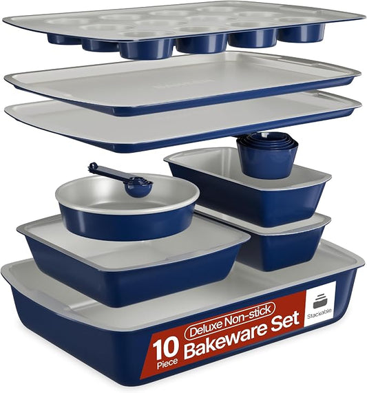 Royal Blue 10-Piece Bakeware Sets, Nonstick Carbon Steel Baking Sheet & Pans, Stackable Space-Saving Bakeware, Dishwasher Safe, Stain-resistant, PFOAPFOSPTFE Free, Oven Safe Up To 450°F (230°C) by Unknown