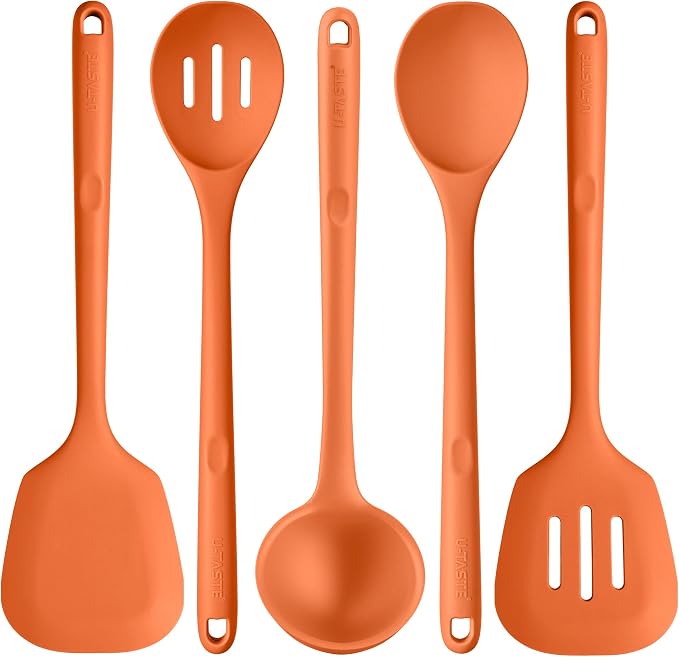 U-Taste Silicone Kitchen Cooking Utensil Set of 5, 13.6" Long, Orange | 600ºF Heat Resistant Food Grade Kitchen Tools&Gadgets, Extra Long Wide Spatula Turner Spoon Ladle for Serving Mixing Stirring by U-Taste