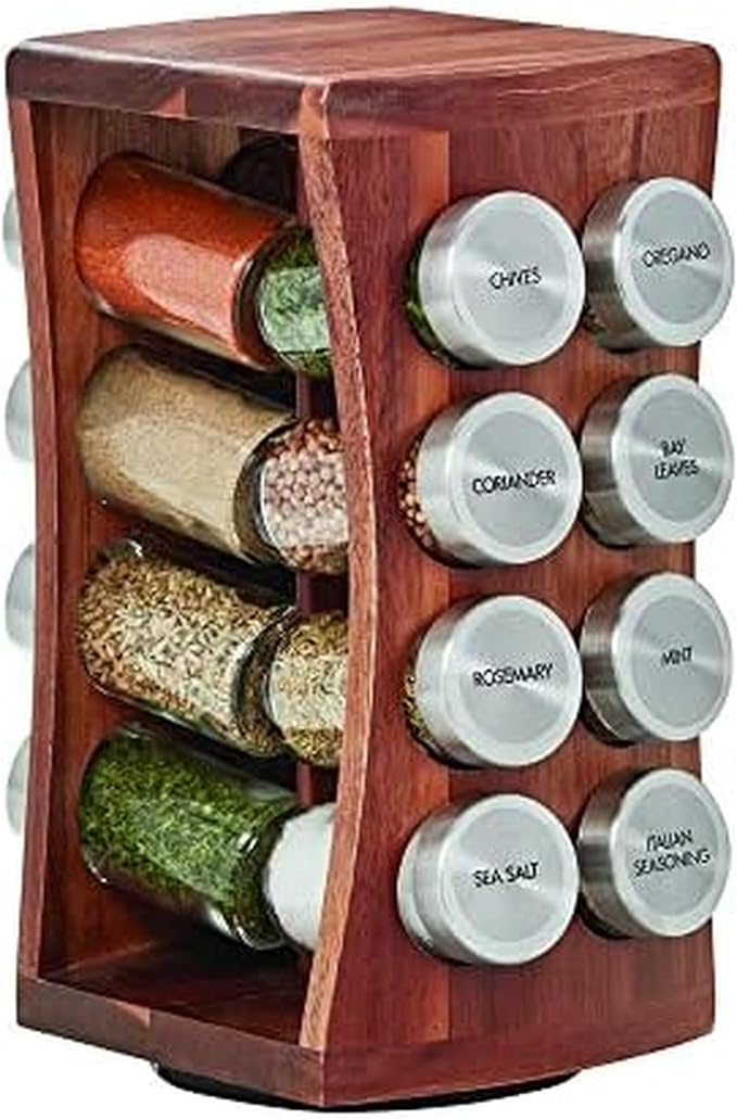 Kamenstein 16 Jar Hourglass Revolving Countertop Spice Rack with Spices Included, FREE Spice Refills for 5 years, Acacia with Stainless Steel Caps by Kamenstein