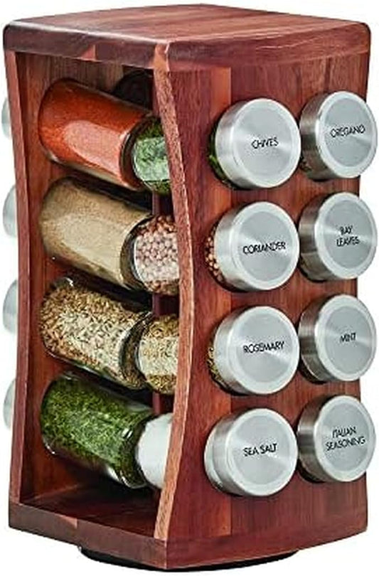 Kamenstein 16 Jar Hourglass Revolving Countertop Spice Rack with Spices Included, FREE Spice Refills for 5 years, Acacia with Stainless Steel Caps by Kamenstein
