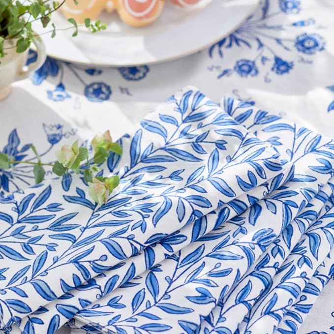100% Blue Cotton Dinner Napkins, Set of 6, Hand Printed English Gardens Design, Fair Trade, Washable Cloth Napkins for Parties & Cocktails 20x20 in by SaffronMarigold