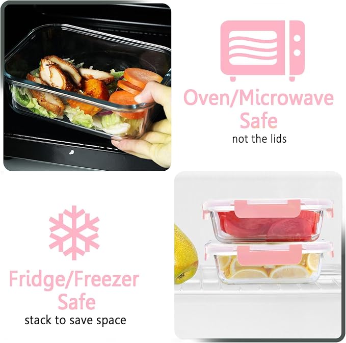 M MCIRCO 10 Pack Glass Food Storage Containers with Lids, Pink | Glass Meal Prep Containers,Airtight Lunch Containers with Lids, Microwave, Oven, Freezer and Dishwasher Friendly, BPA Free - Image 4
