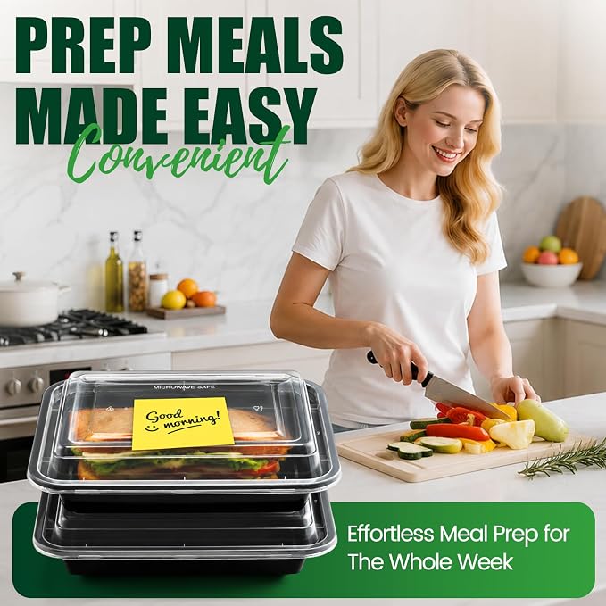 100 Pack (200-Piece) 16oz Meal Prep Containers with Lids Reusable Food Containers Leakproof & Microwave, Freezer, Dishwasher Safe Durable Plastic Storage Containers Bento Box for To Go Take Out Black - Image 6