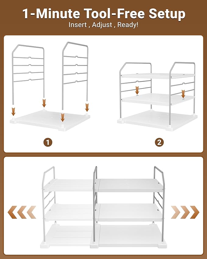 EVERIE Extendable 3-Tier Kitchen Cabinet & Pantry Organizer for Plastic Wrap, Foil & Storage Bags, Adjustable Heavy Duty Shelf Rack for Wrap Boxes, Jars & Snack Boxes (11–16.7 in Wide), Pack of 2 - Image 6