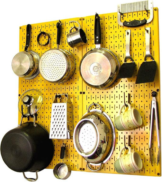 Wall Control Kitchen Pegboard Organizer Pots and Pans Storage Rack Organization Kit with Yellow Pegboard and Black Accessories by Wall+Control