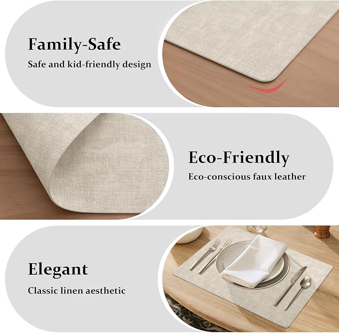 FROMHEART Faux Leather PU Placemats Set of 8 (Beige,11.8" x 17") | Waterproof,Heat/Oil Stain-Resistant Table Mat–Reversible,Non-Slip,Easy to Clean Place Mats for Kitchen,Dining,Indoor/Outdoor - Image 7