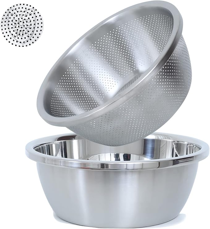 304 Stainless Steel Microporous Colander, 5QT Large Capacity with Mixing Bowl For washing vegetables, fruit and rice and for draining cooked pasta(2PC) by Paoli