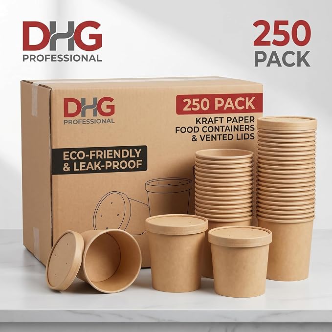 250 Sets Kraft Paper Food Containers With Vented Lids, To Go Hot Soup Bowls, Disposable Ice Cream Cups - Kraft - Image 2