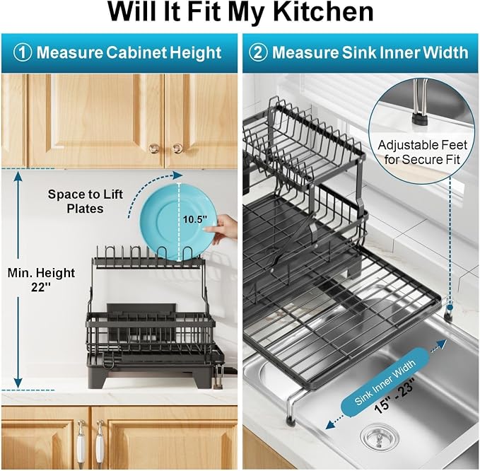 Large 2 Tier Dish Drying Rack - Expandable Over Sink & Counter Use | Extendable Drying Space, Auto-Drain Spout, Stable Screw-Fixed Frame, Cup & Utensil Holder, Rust-Resistant Kitchen Rack, Black - Image 5