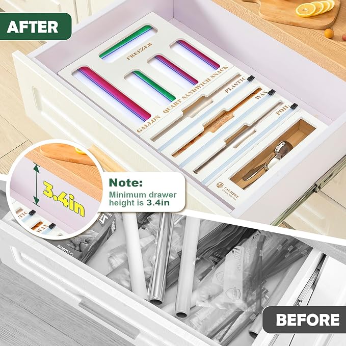 Calmbee 9 in 1 Bamboo Storage Bag Organizer for Kitchen Drawer – Plastic Wrap Dispenser with Cutter & Foil Organizer, Wooden Baggie Organizer for Sandwich, Snack, Gallon, Quart Sizes, White - Image 4