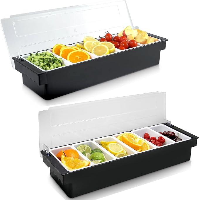 WICHEMI Fruit, Veggie & Condiment Caddy with Lid Dispenser Tray Plastic Garnish Station for Bartending & Serving Taco, Ice Cream, Salad Bar - Topping Organizer for Restaurant Supplies (5 Compartment+6 by WICHEMI