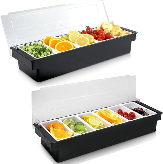 WICHEMI Fruit, Veggie & Condiment Caddy with Lid Dispenser Tray Plastic Garnish Station for Bartending & Serving Taco, Ice Cream, Salad Bar - Topping Organizer for Restaurant Supplies (5 Compartment+6 by WICHEMI