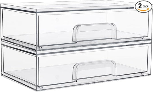 Vtopmart Clear Stackable Storage Drawers, 2 Pack Wide Plastic Organizers | Clear Pull-Out Plastic Drawers, Stackable Design for Makeup Palettes, Cosmetics, Beauty Supplies, Vanity, Cabinet and Desk by Vtopmart