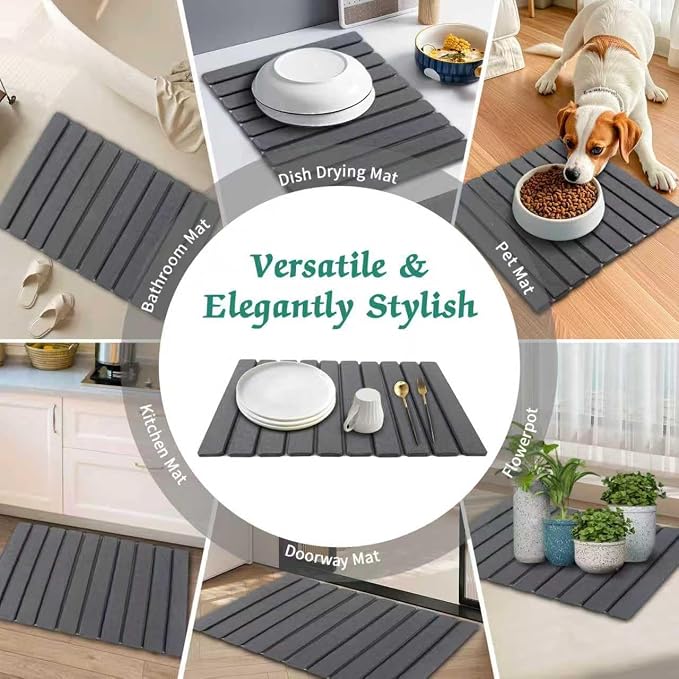 Stone Dish Drying Mat for Kitchen Counter, 24 x 16 Inch(Dark Gray) | Absorbent diatomaceous earth and PVC, folds for compact storage, suitable for dishes, cups, bottles, or a bathroom floor mat - Image 7