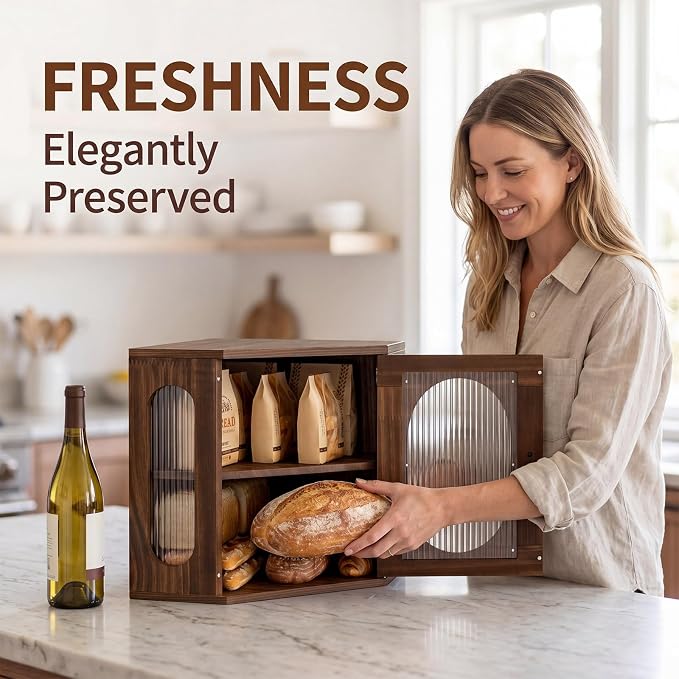Alpeir Corner Bread Box for Kitchen Countertop, 3 Adjustable Height,Brown | Solid Pine Wood, Hold 2 Loaves, Strong Acrylic Window, Easily Care, Farmhouse Pantry Container for Home Baker, Family of 4 - Image 2