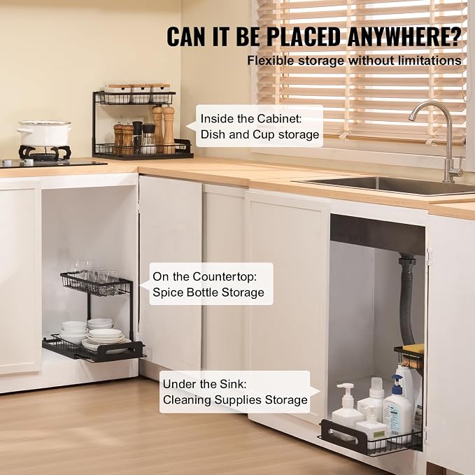 VEVOR 2 Tier Pull Out Cabinet Organizer(10.7"W x 14.2"D), Under Sink Organizer and Storage, Slide Out Drawer Cabinet Organizer, Wire Basket Sliding Storage, 12.5"Wx15.5"Dx13"H Install Size for Cabinet | Kitchen Slide Out Drawer Wire Basket Sliding Stor... - Image 3