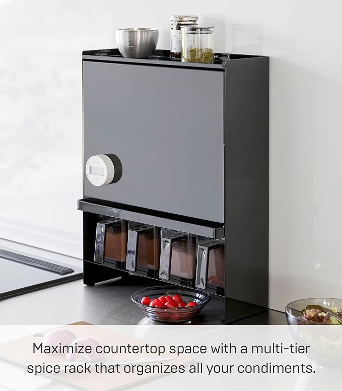 YAMAZAKI Home Spice Rack, Large Multi-Tier with Door Metal Shelves, Black | Large kitchen seasoning and condiments spice rack features a concealable design with a door. A smart fit for modern homes. - Image 2