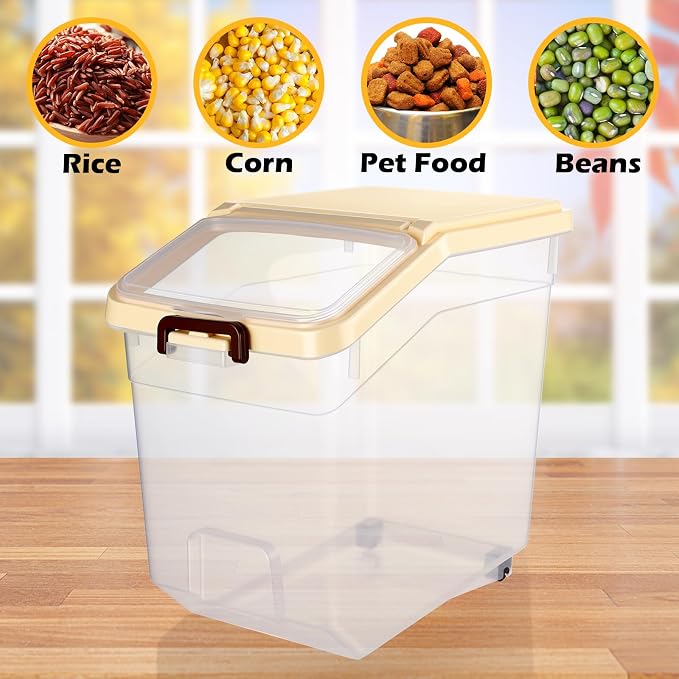 4 Pcs Rice Storage Containers Bulk Flour Sugar Container Wheels Measuring Cups Set Airtight Pet Dog Cat Birds Food Bin Grain Cereal Organizer Box for Dry Baking (Beige,38 lb) - Image 5